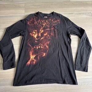 Vintage 90s Harley Davidson Wolf Flames Biker Pocket Long Sleeve‎ L Columbia CT